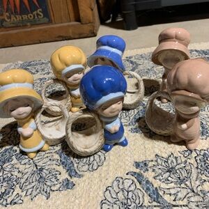 Vintage Ceramic Napkin Ring Set with Figurines